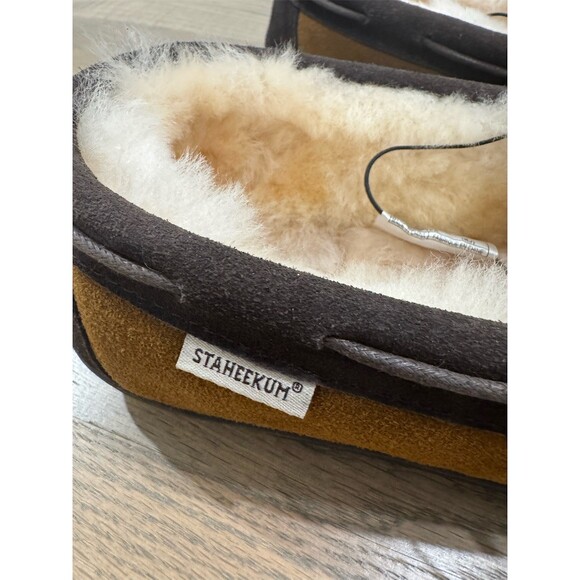 Staheekum Recline Men's Moccasin Slippers Beige Shearling Lined Size 10 - Picture 2 of 5